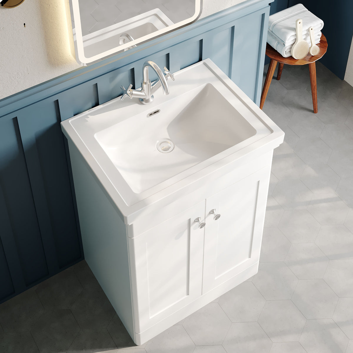 Modern Splash 600mm Satin White 2 Door Floor Standing Vanity Unit With 1 Tap Hole Basin With Ceramic Basin