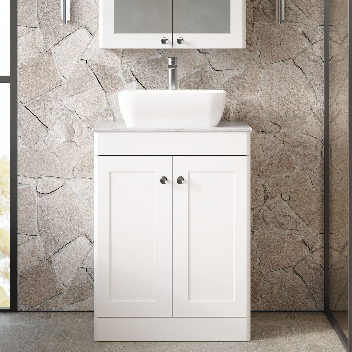 Modern Splash 610mm Satin White 2 Door Floor Standing Vanity Unit With Grey Marble Worktop