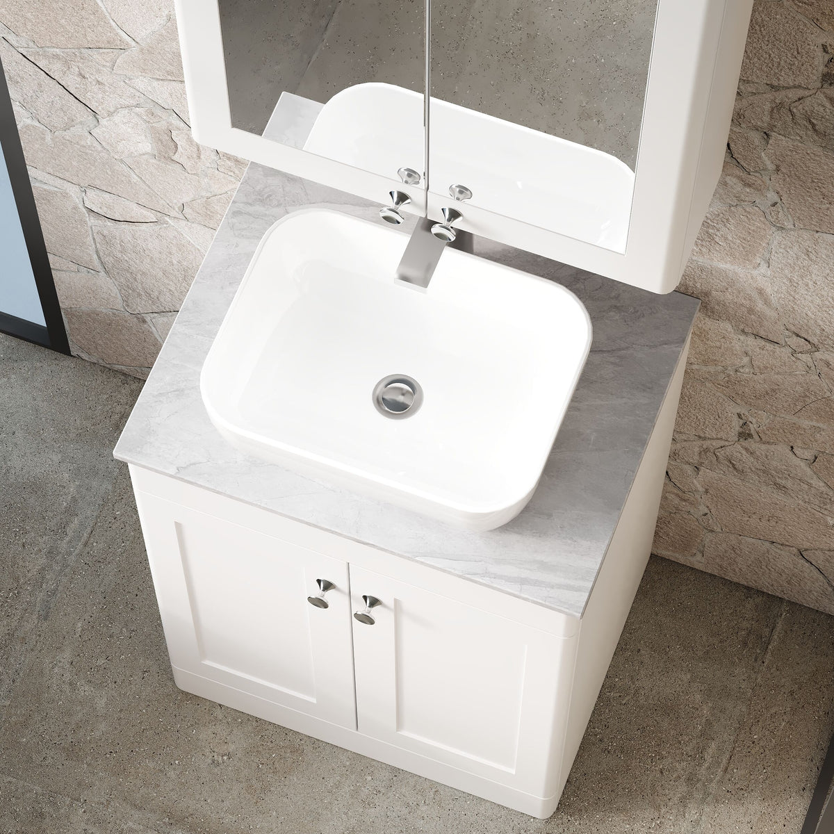 Modern Splash 610mm Satin White 2 Door Floor Standing Vanity Unit With Grey Marble Worktop