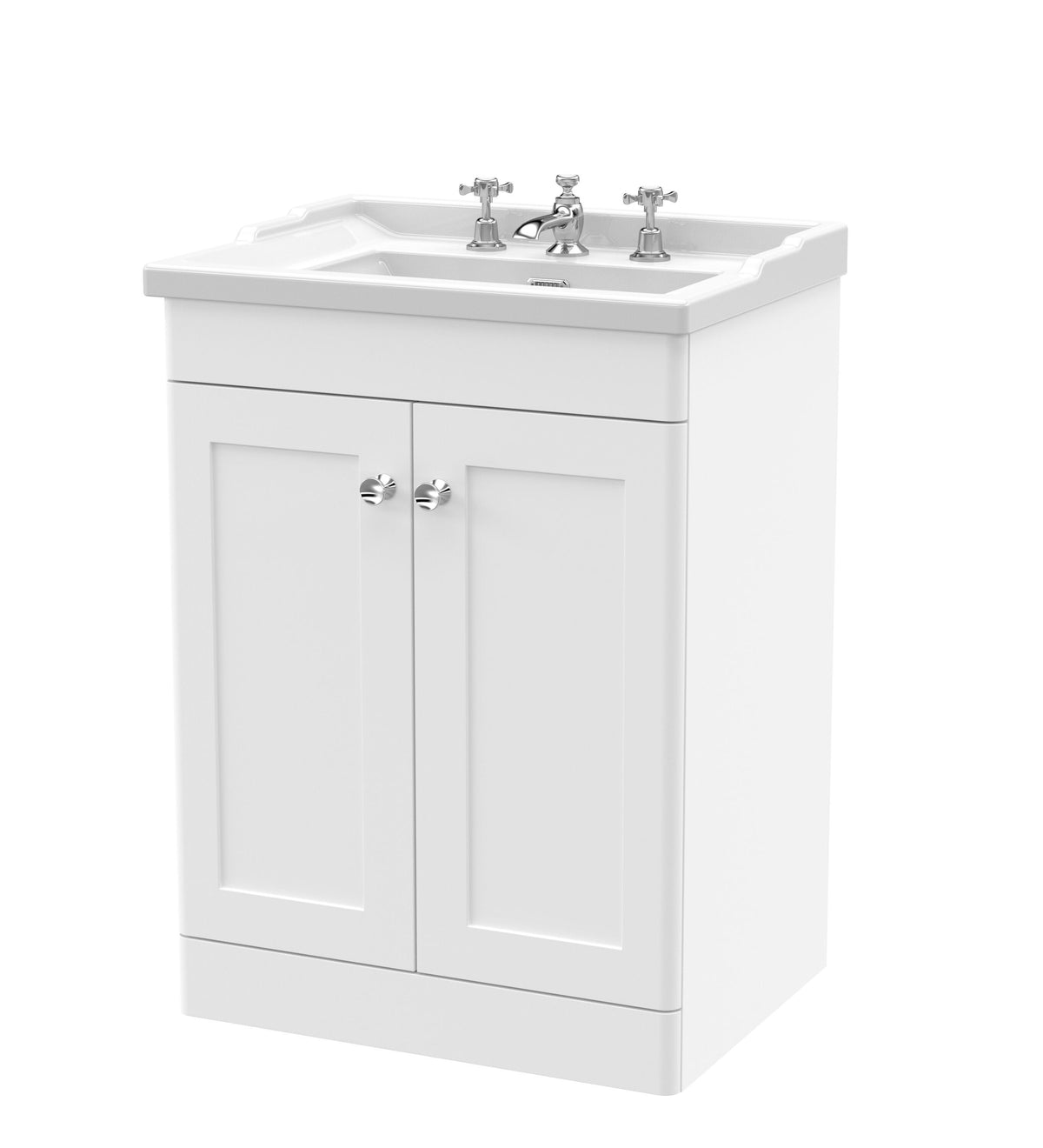 Modern Splash 600mm Satin White 2 Door Floor Standing Vanity Unit With 3 Tap Hole Basin