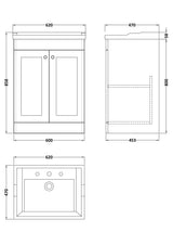 Modern Splash 600mm Satin White 2 Door Floor Standing Vanity Unit With 3 Tap Hole Basin