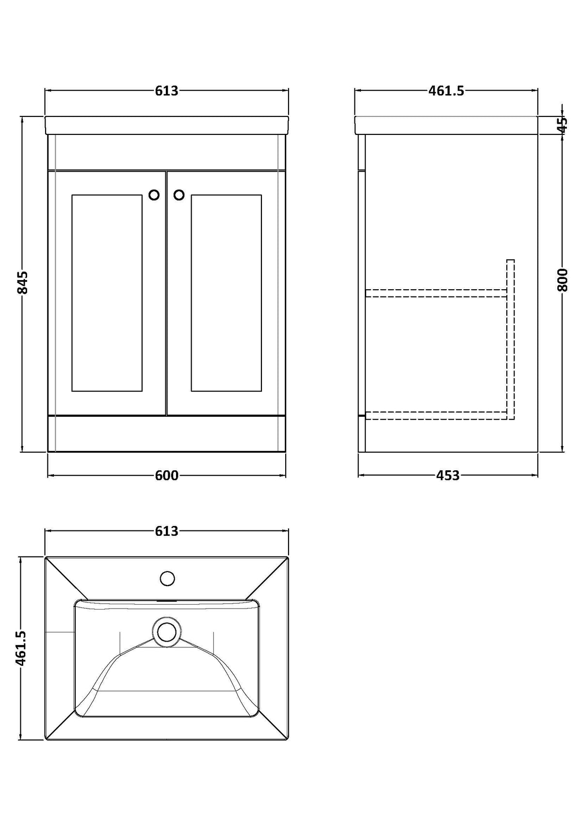 Modern Splash 600mm Satin White 2 Door Floor Standing Vanity Unit With 1 Tap Hole Fireclay Basin