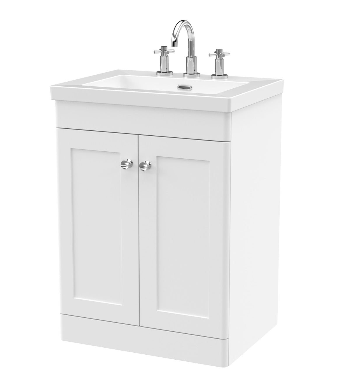 Modern Splash 600mm Satin White 2 Door Floor Standing Vanity Unit With 3 Tap Hole Fireclay Basin