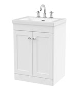 Modern Splash 600mm Satin White 2 Door Floor Standing Vanity Unit With 3 Tap Hole Fireclay Basin
