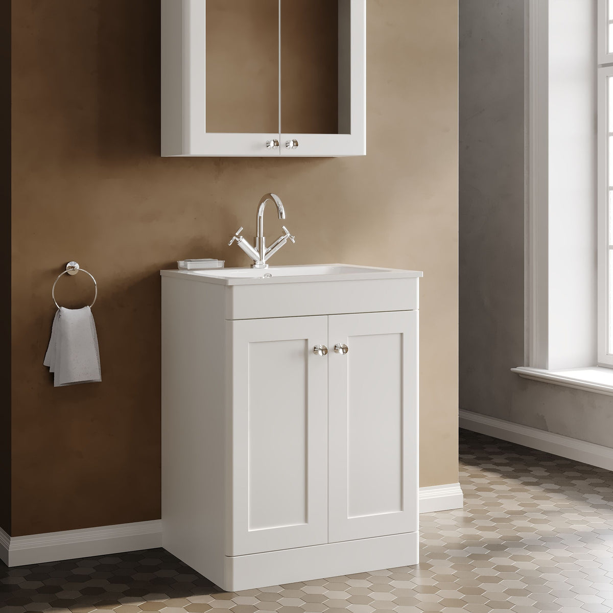 Modern Splash Classique 600mm Satin White 2 Door Floor Standing Vanity Unit With 1 Tap Hole Stone Basin