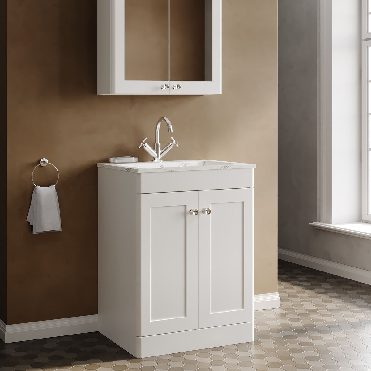 Modern Splash Traditional 600mm Satin White 2 Door Floor Standing Vanity Unit With 1 Tap Hole Stone Basin