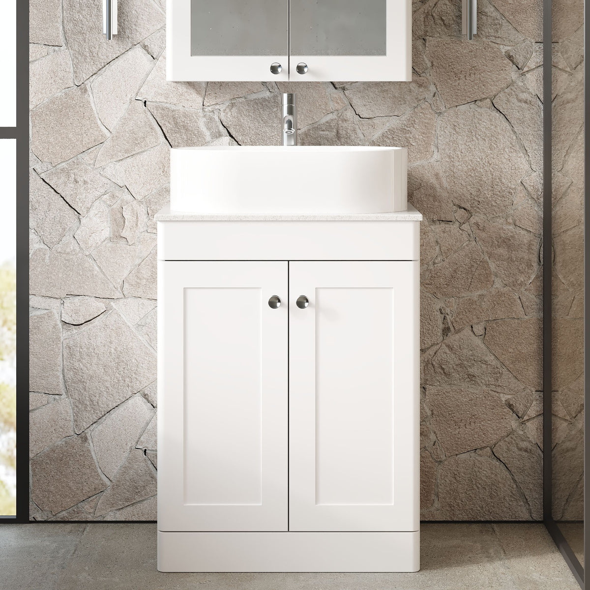Modern Splash 600mm Satin White 2 Door Floor Standing  Vanity Unit With White Marble Worktop