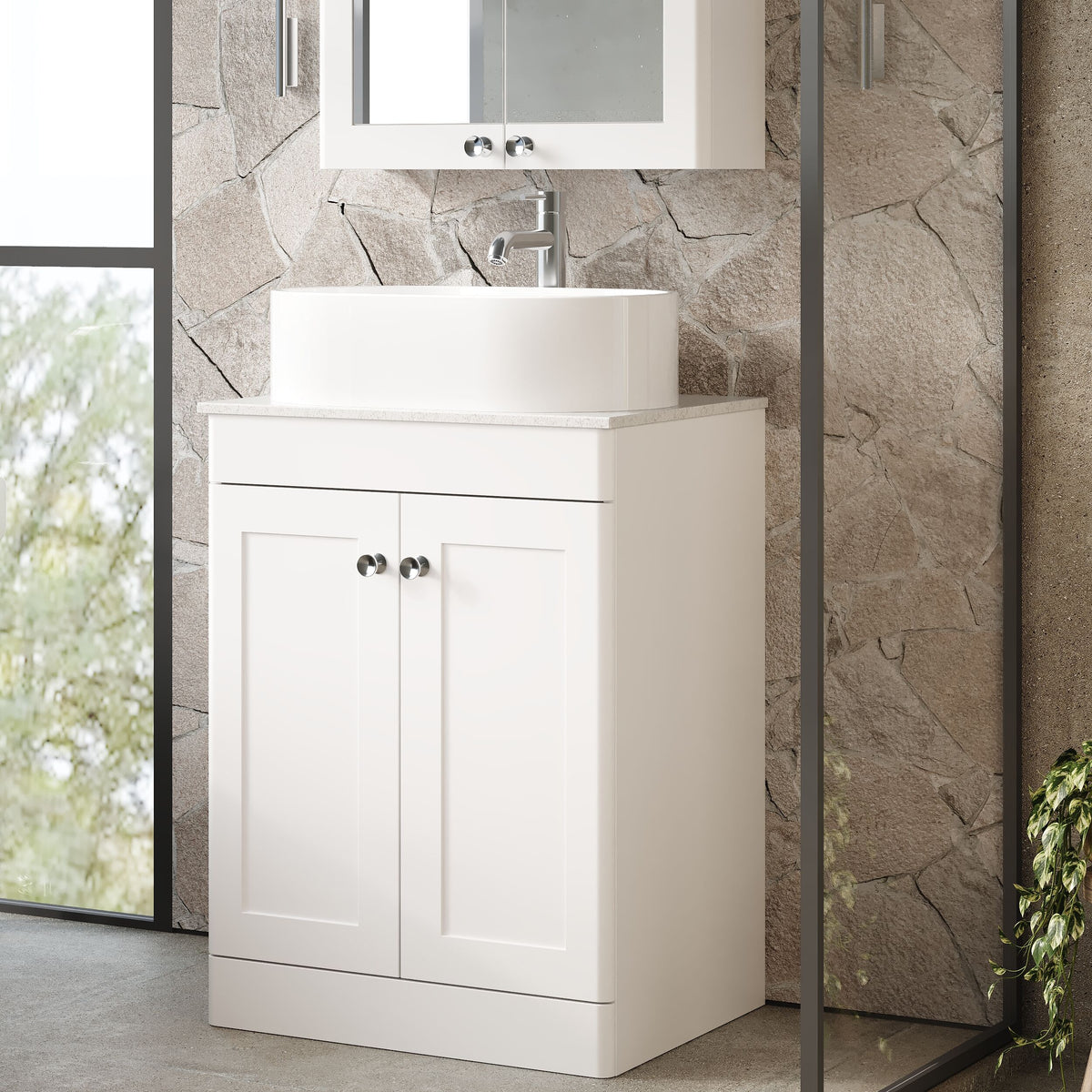Modern Splash 600mm Satin White 2 Door Floor Standing  Vanity Unit With White Marble Worktop