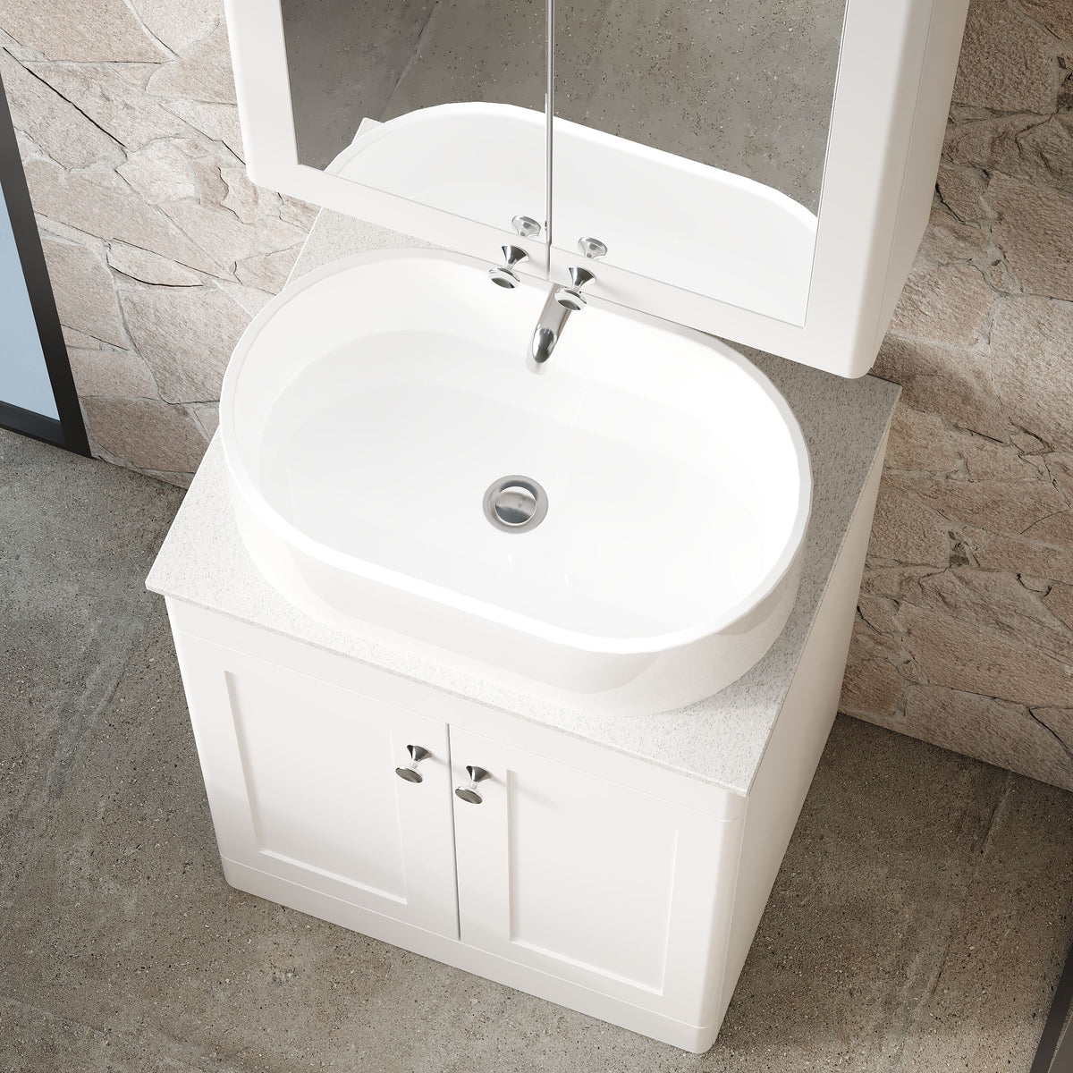 Modern Splash 600mm Satin White 2 Door Floor Standing  Vanity Unit With White Marble Worktop