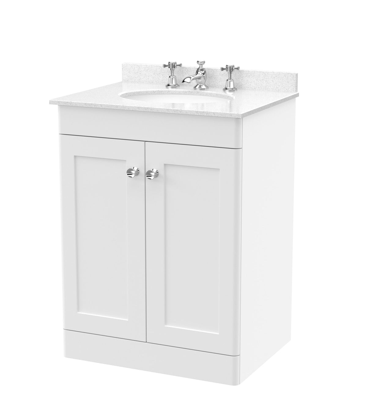 Modern Splash 600mm Satin White 2 Door Floor Standing Vanity Unit With 3 Tap Hole Marble Basin