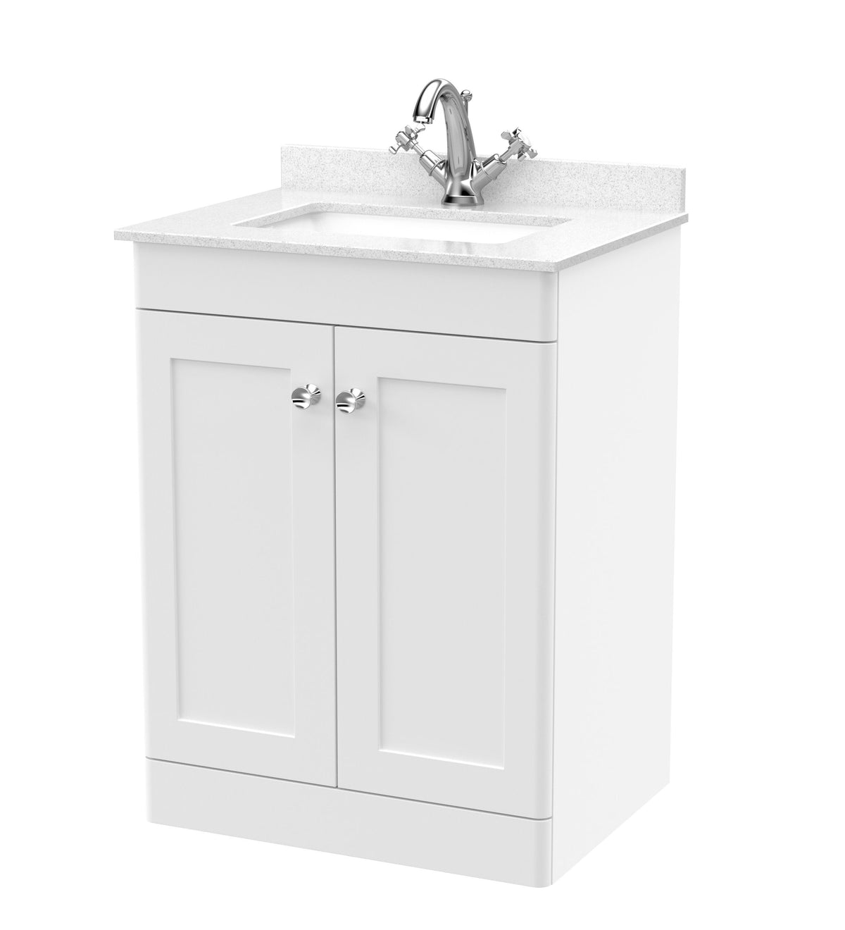 Modern Splash 600mm Satin White 2 Door Floor Standing Vanity Unit With 1 Tap Hole Marble Basin