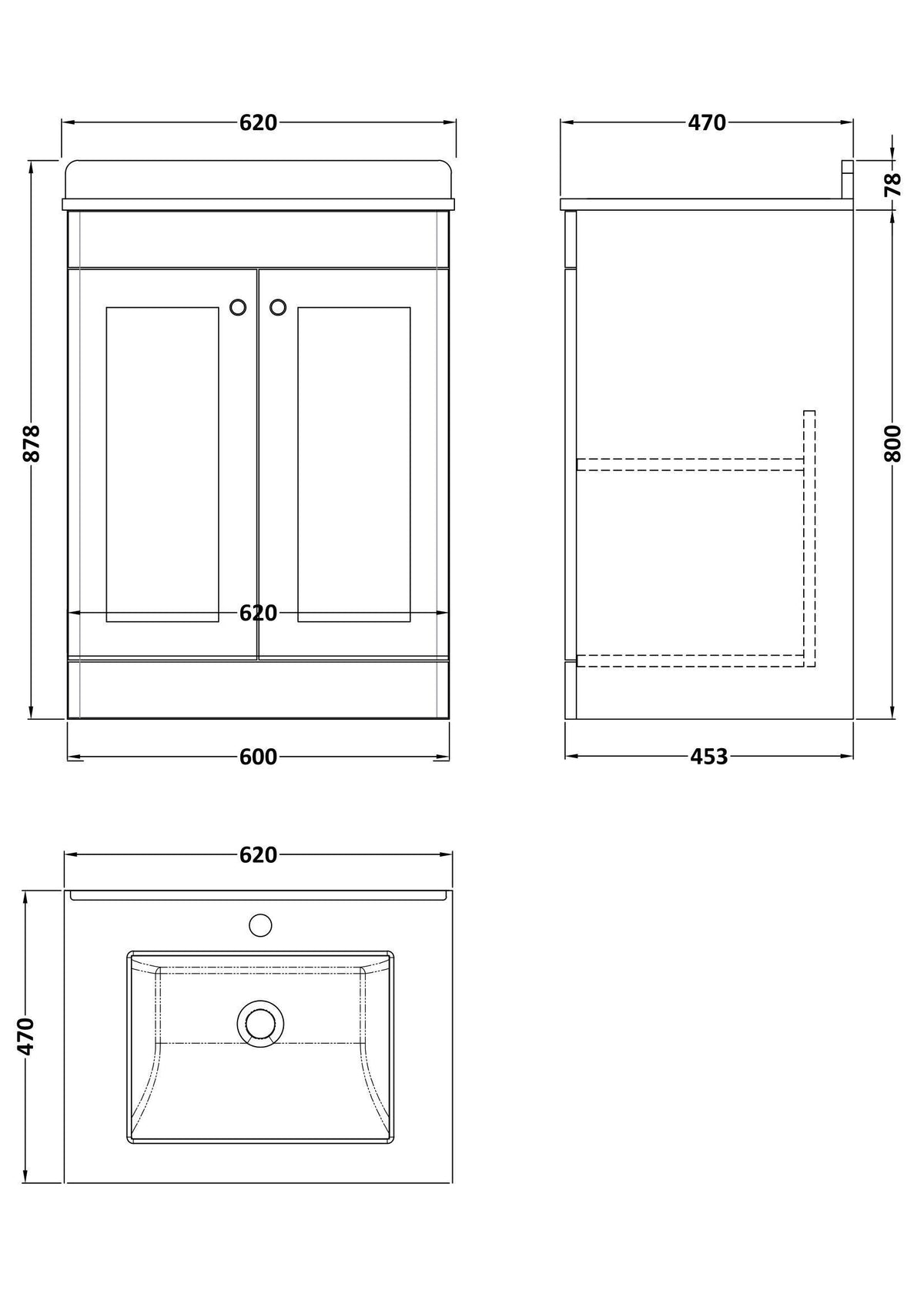 Modern Splash 600mm Satin White 2 Door Floor Standing Vanity Unit With 1 Tap Hole Marble Basin