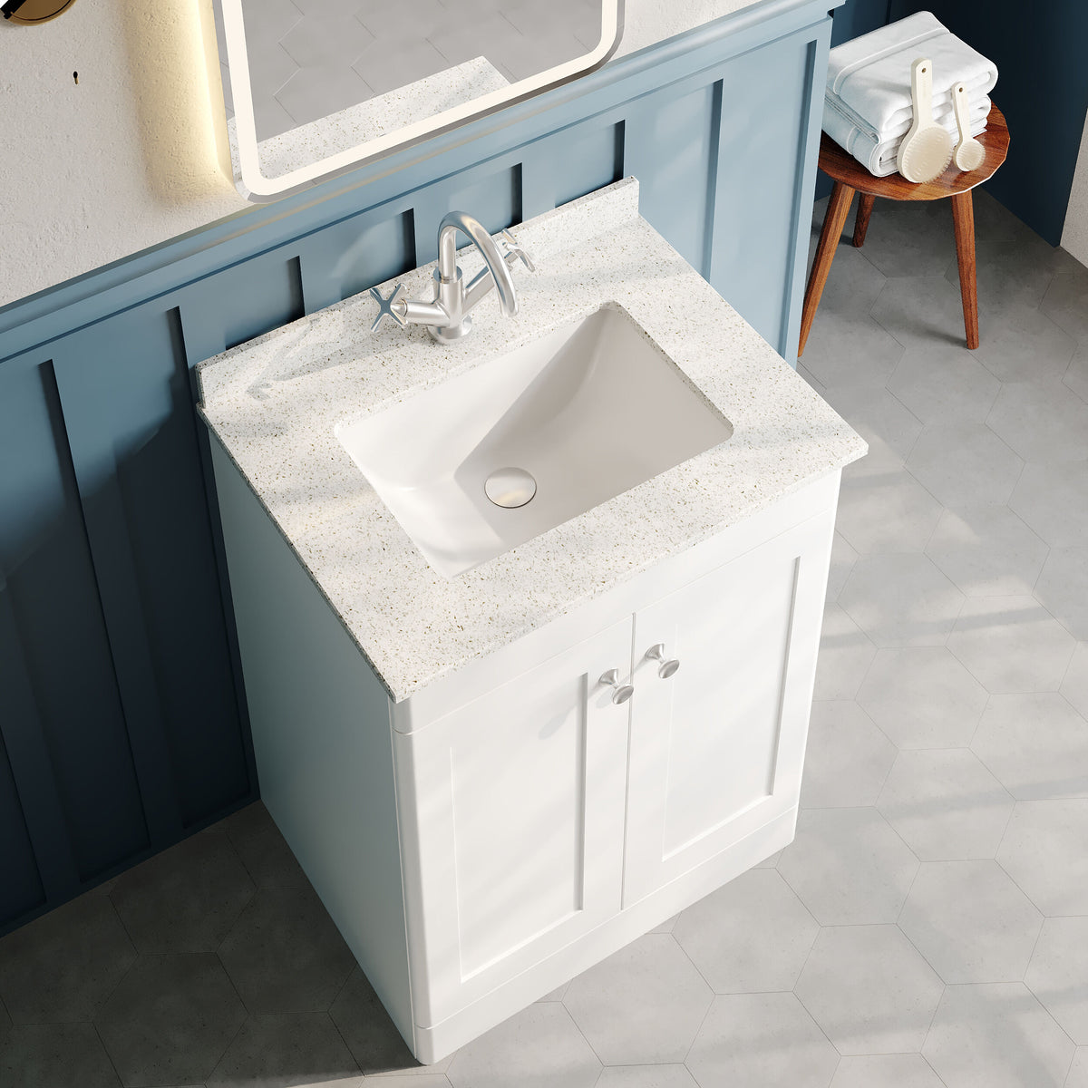 Modern Splash 600mm Satin White 2 Door Floor Standing Vanity Unit With 1 Tap Hole Marble Basin