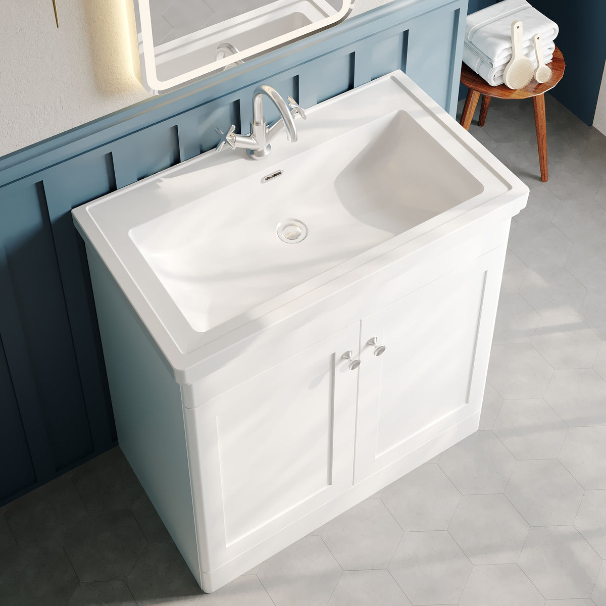 Modern Splash 800mm Satin White 2 Door Floor Standing Vanity Unit With 1 Tap Hole Basin With Ceramic Basin