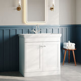 Modern Splash 800mm Satin White 2 Door Floor Standing Vanity Unit With 1 Tap Hole Basin With Ceramic Basin