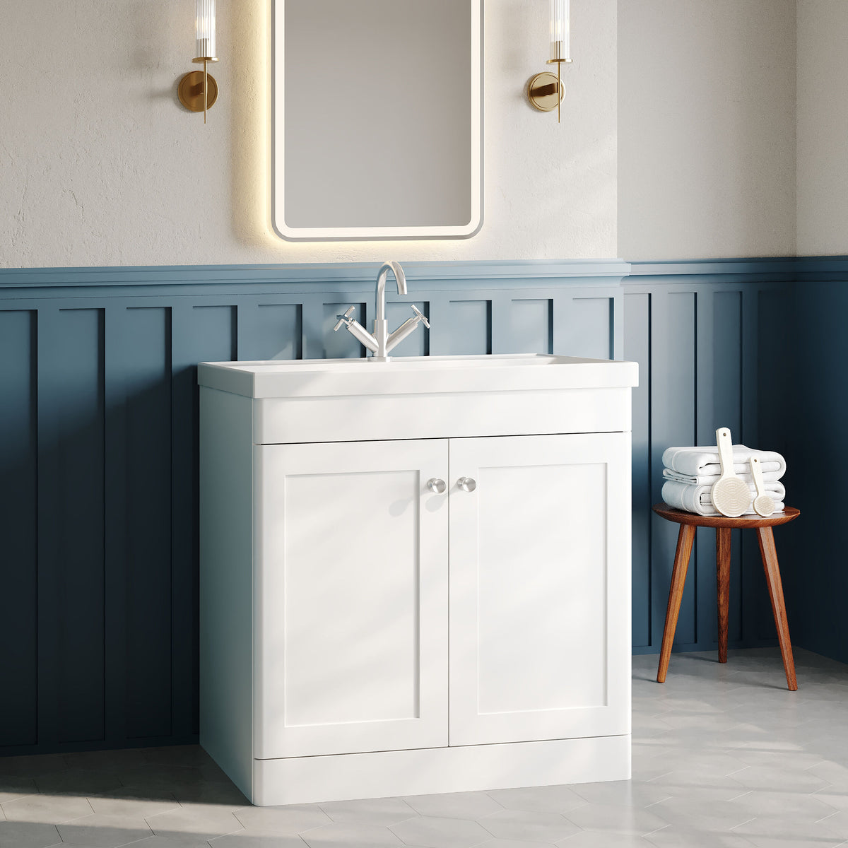 Modern Splash 800mm Satin White 2 Door Floor Standing Vanity Unit With 1 Tap Hole Thin Edge Basin