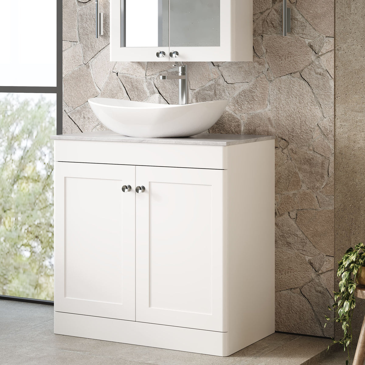 Modern Splash 800mm Satin White 2 Door Floor Standing Vanity With Grey Marble Worktop