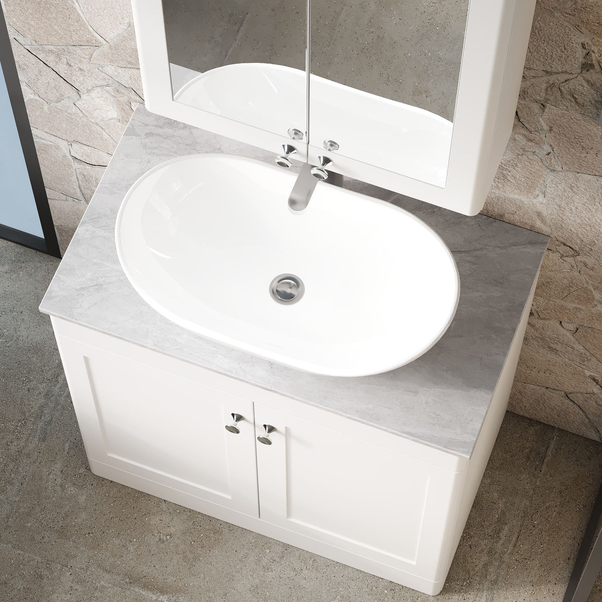 Modern Splash 800mm Satin White 2 Door Floor Standing Vanity With Grey Marble Worktop