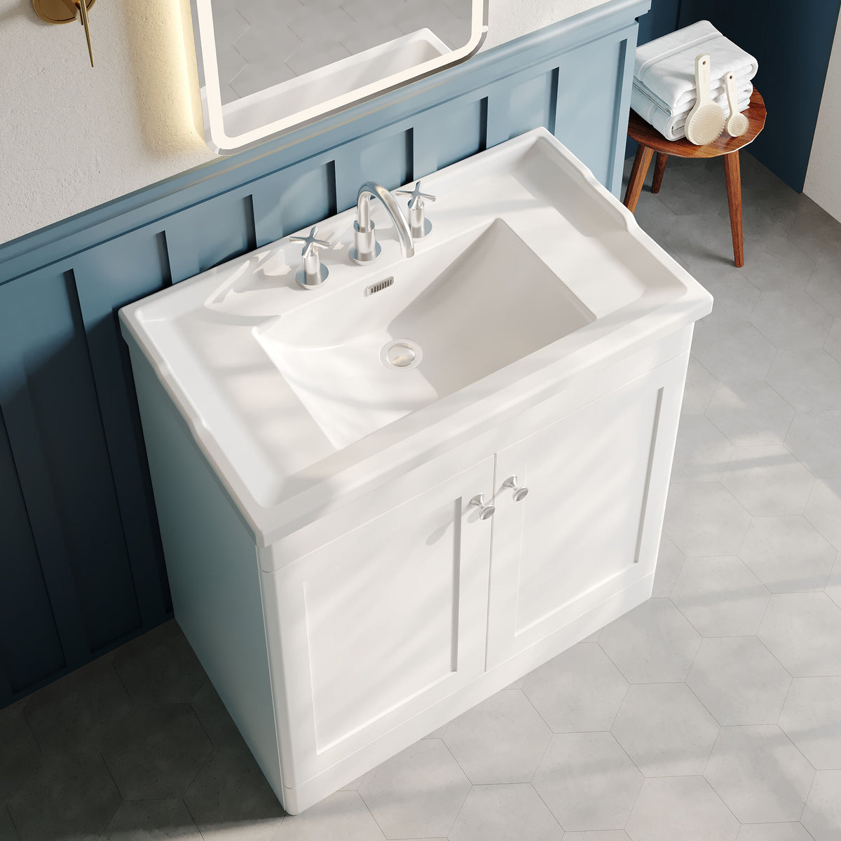Modern Splash 800mm Satin White 2 Door Floor Standing Vanity Unit With 3 Tap Hole Basin
