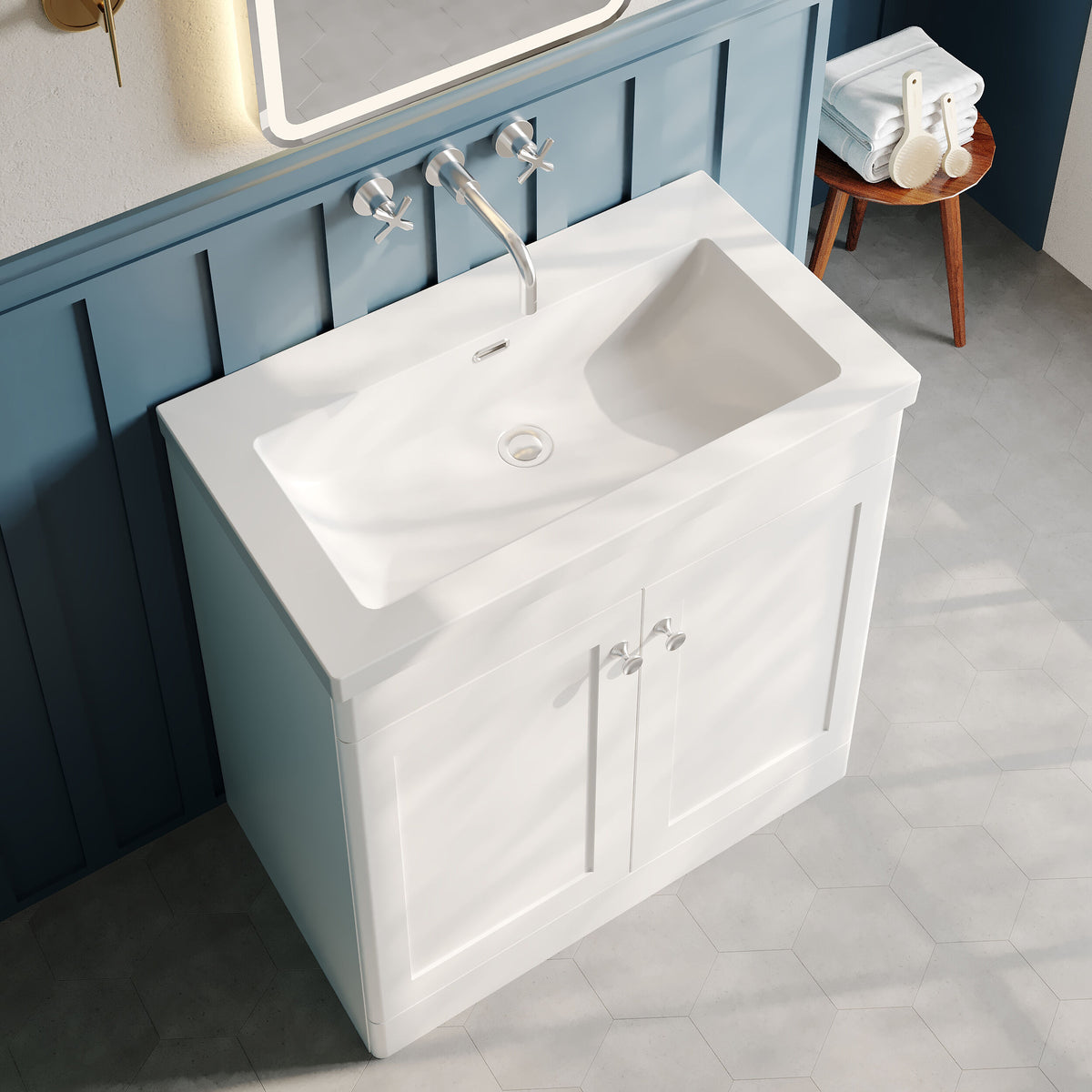 Modern Splash 800mm Satin White 2 Door Floor Standing Vanity Unit With Fireclay Basin
