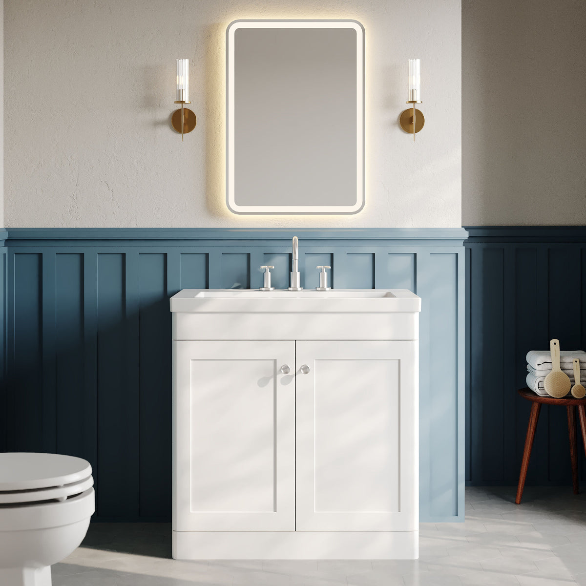 Modern Splash 800mm Satin White 2 Door Floor Standing Vanity Unit With 3 Tap Hole Fireclay Basin