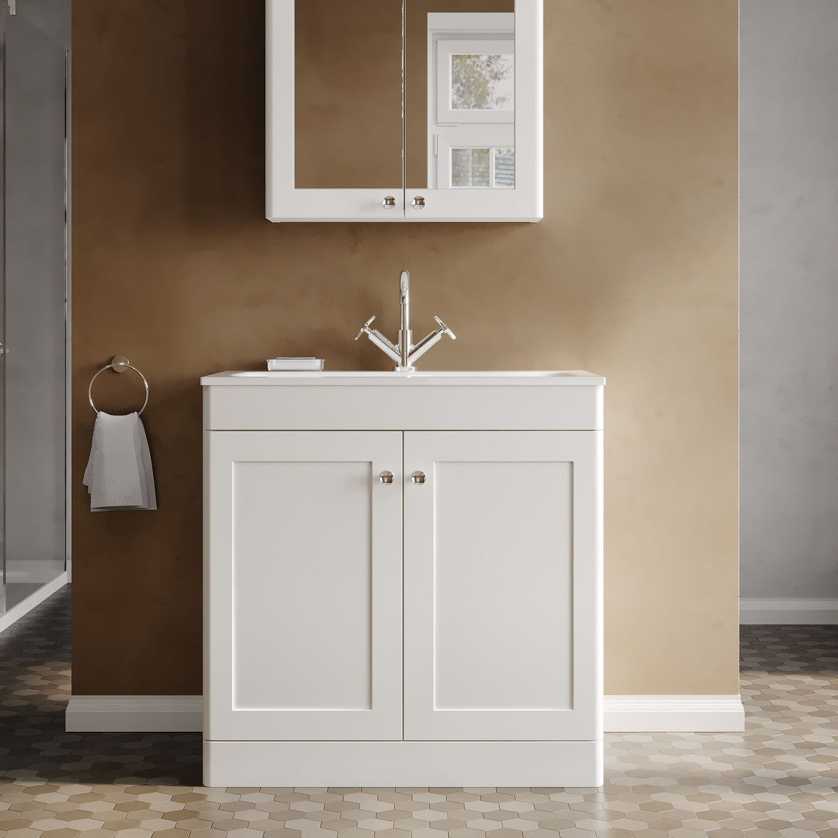 Modern Splash Classique 800mm Satin White 2 Door Floor Standing Vanity Unit With 1 Tap Hole Stone Basin