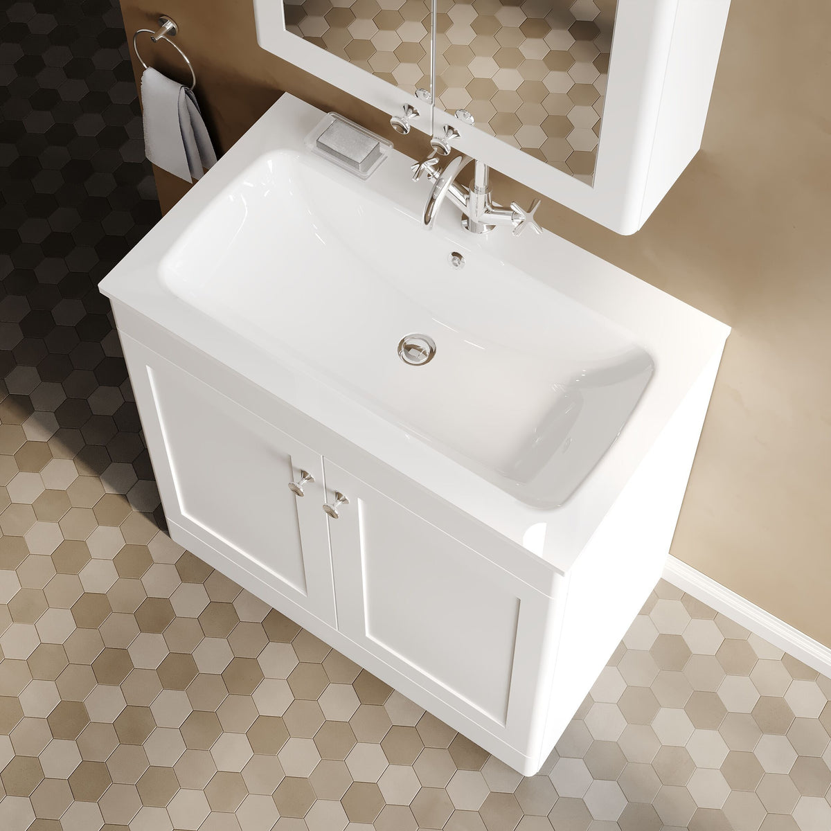 Modern Splash Classique 800mm Satin White 2 Door Floor Standing Vanity Unit With 1 Tap Hole Stone Basin