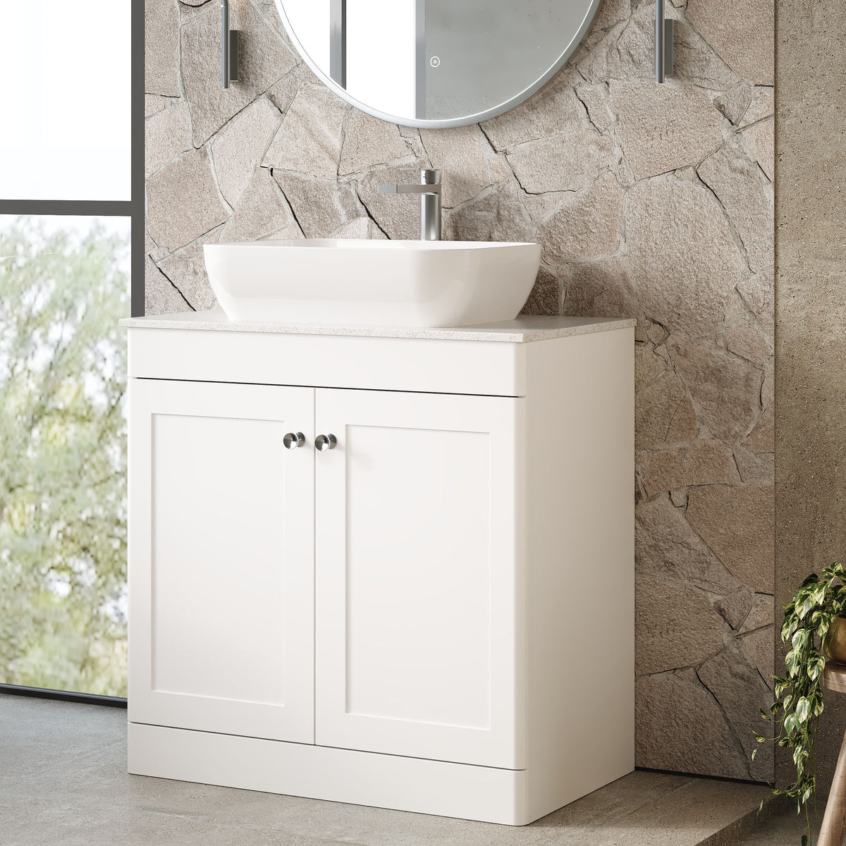 Modern Splash 810mm Satin White 2 Door Floor Standing Vanity Unit With White Marble Worktop