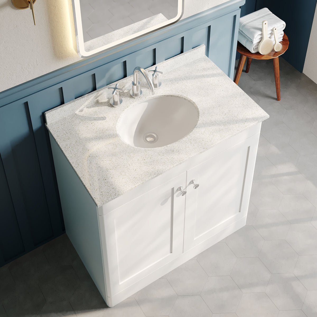 Modern Splash 800mm Satin White 2 Door Floor Standing Vanity Unit With 3 Tap Hole Marble Basin