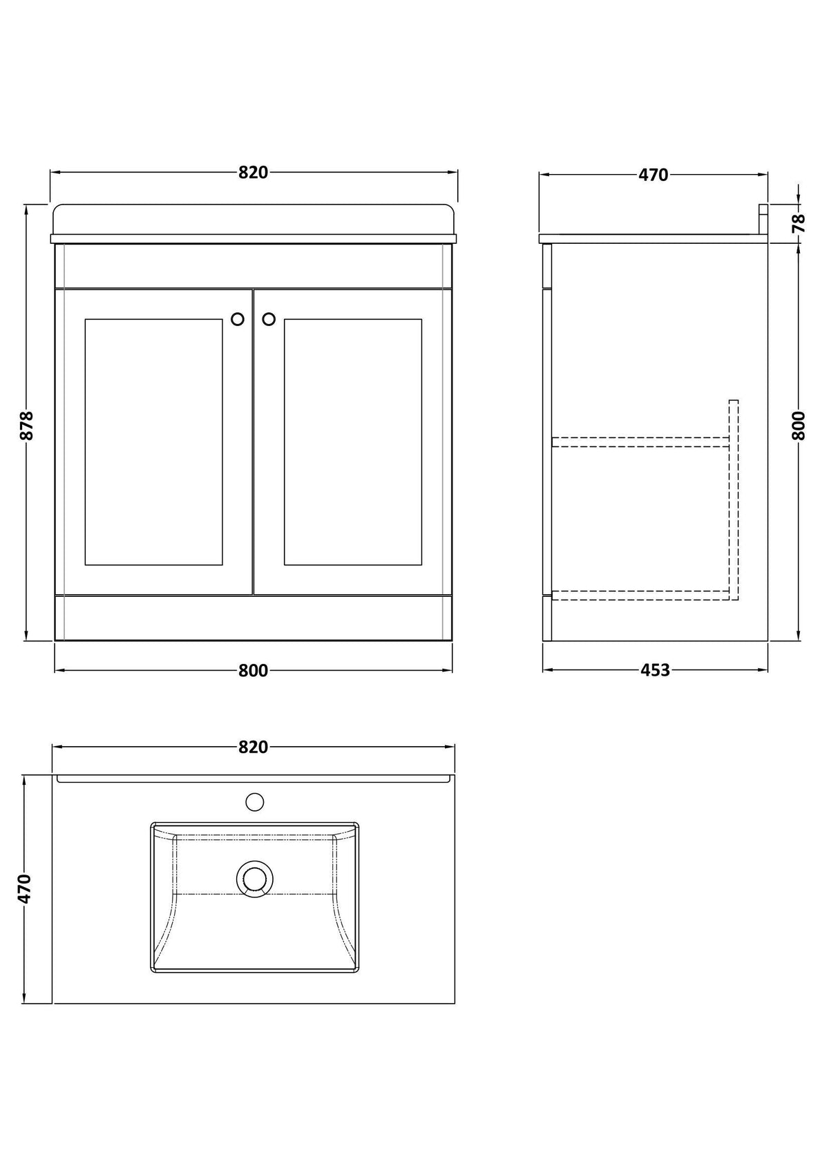 Modern Splash 800mm Satin White 2 Door Floor Standing Vanity Unit With 1 Tap Hole Marble Basin