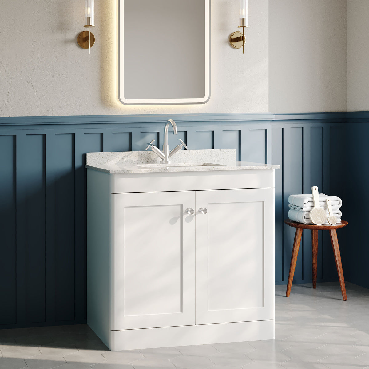 Modern Splash 800mm Satin White 2 Door Floor Standing Vanity Unit With 1 Tap Hole Marble Basin