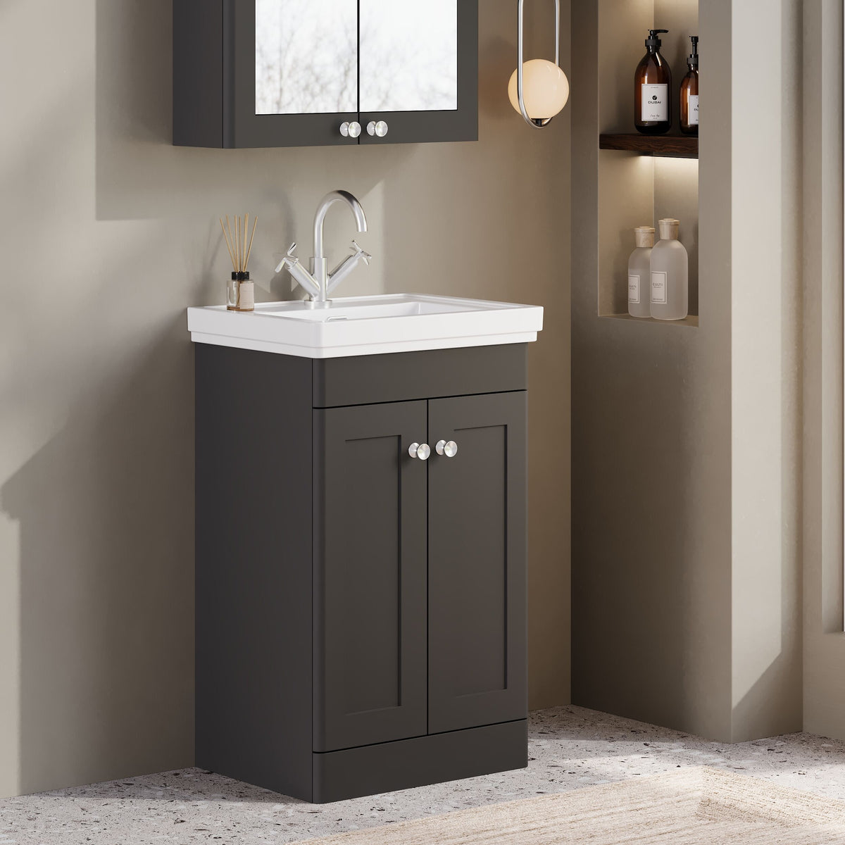 Modern Splash 500mm Soft Black 2 Door Floor Standing Vanity Unit With 1 Tap Hole Basin