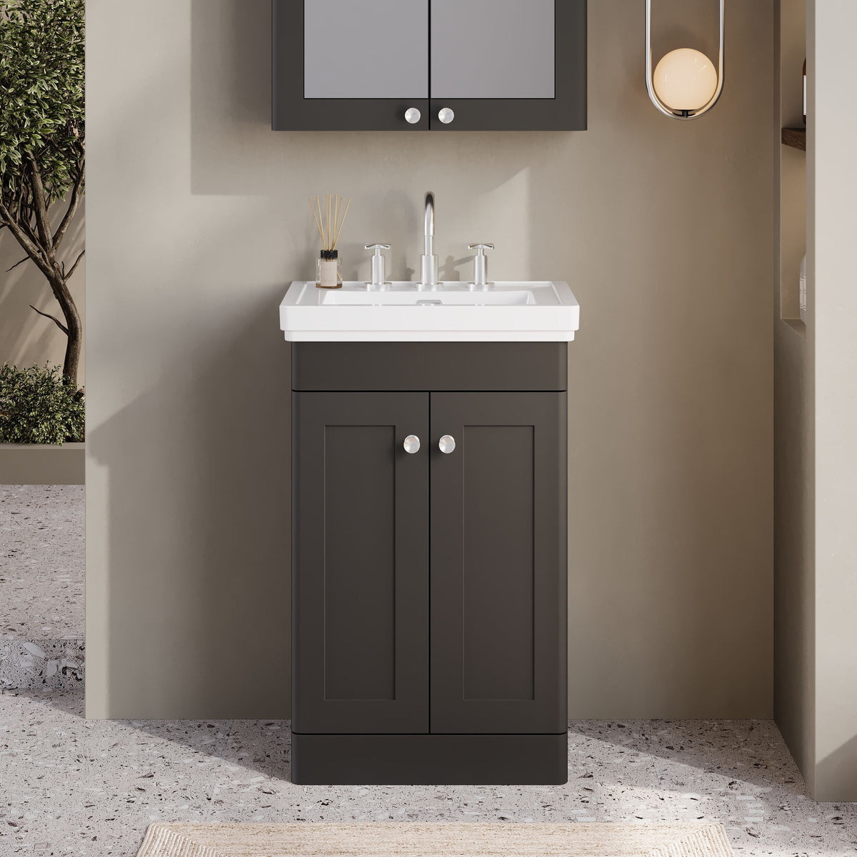 Modern Splash 500mm Soft Black 2 Door Floor Standing Vanity Unit With 3 Tap Hole Basin