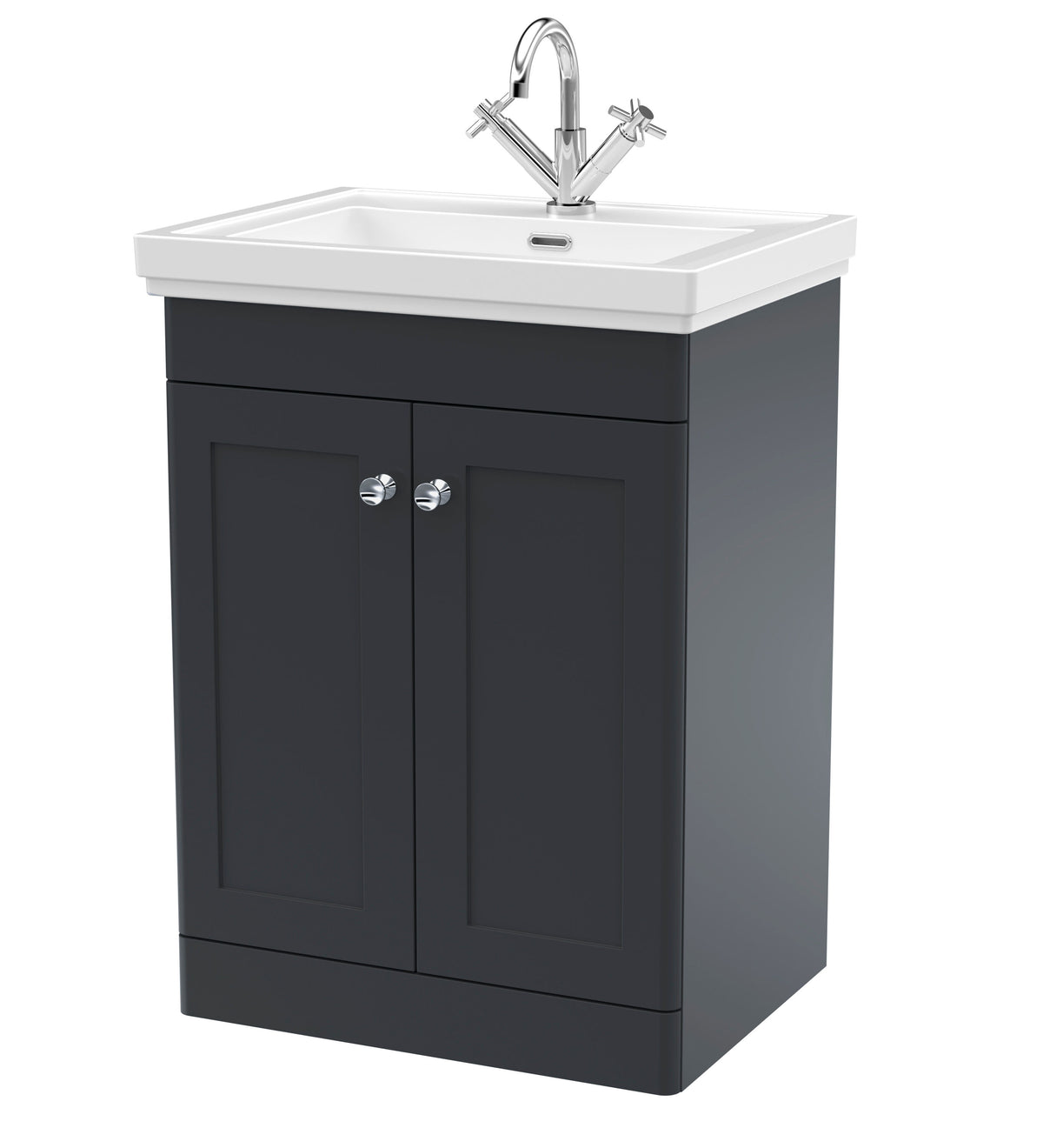 Modern Splash 600mm Soft Black 2 Door Floor Standing Vanity Unit With 1 Tap Hole Basin With Ceramic Basin
