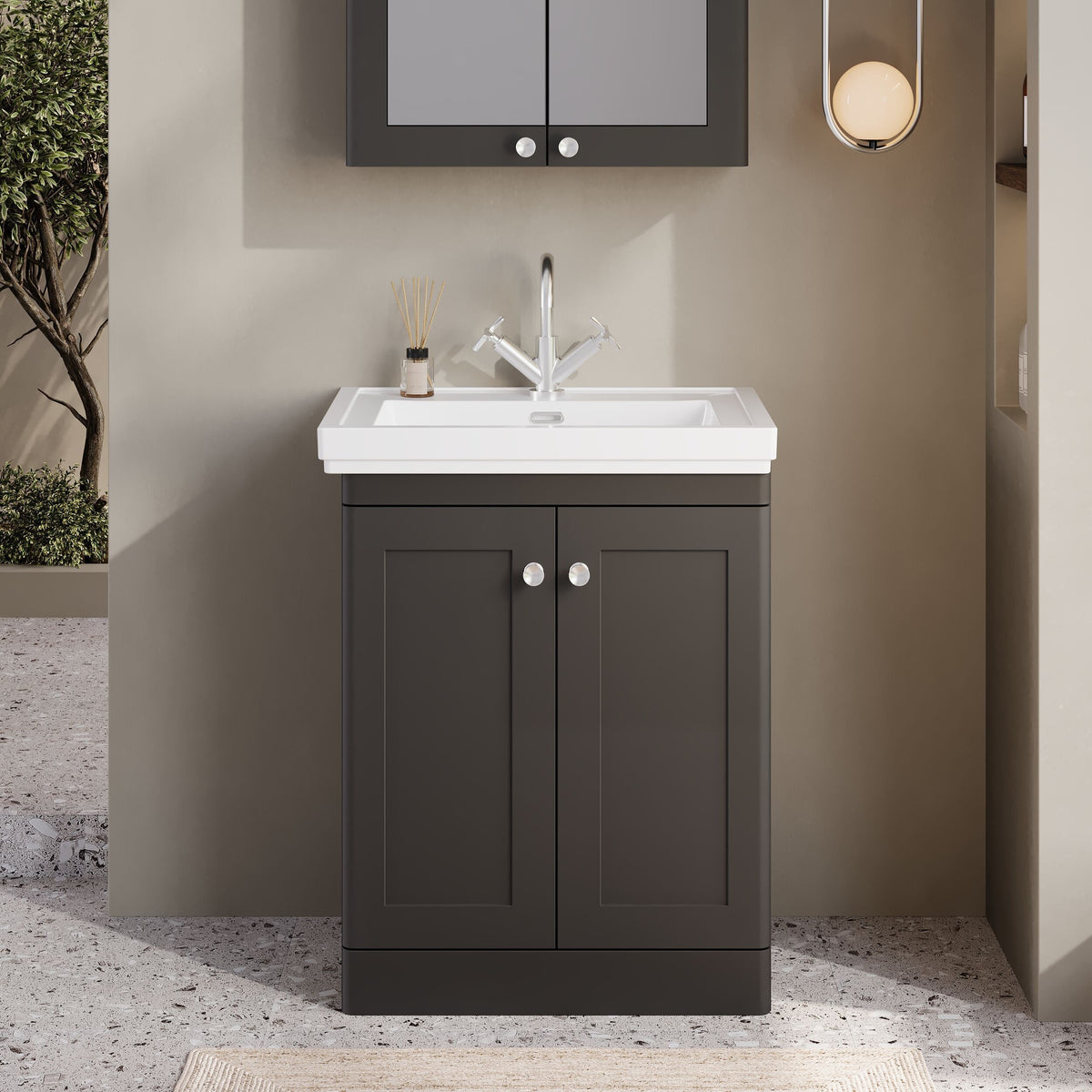 Modern Splash 600mm Soft Black 2 Door Floor Standing Vanity Unit With 1 Tap Hole Basin With Ceramic Basin