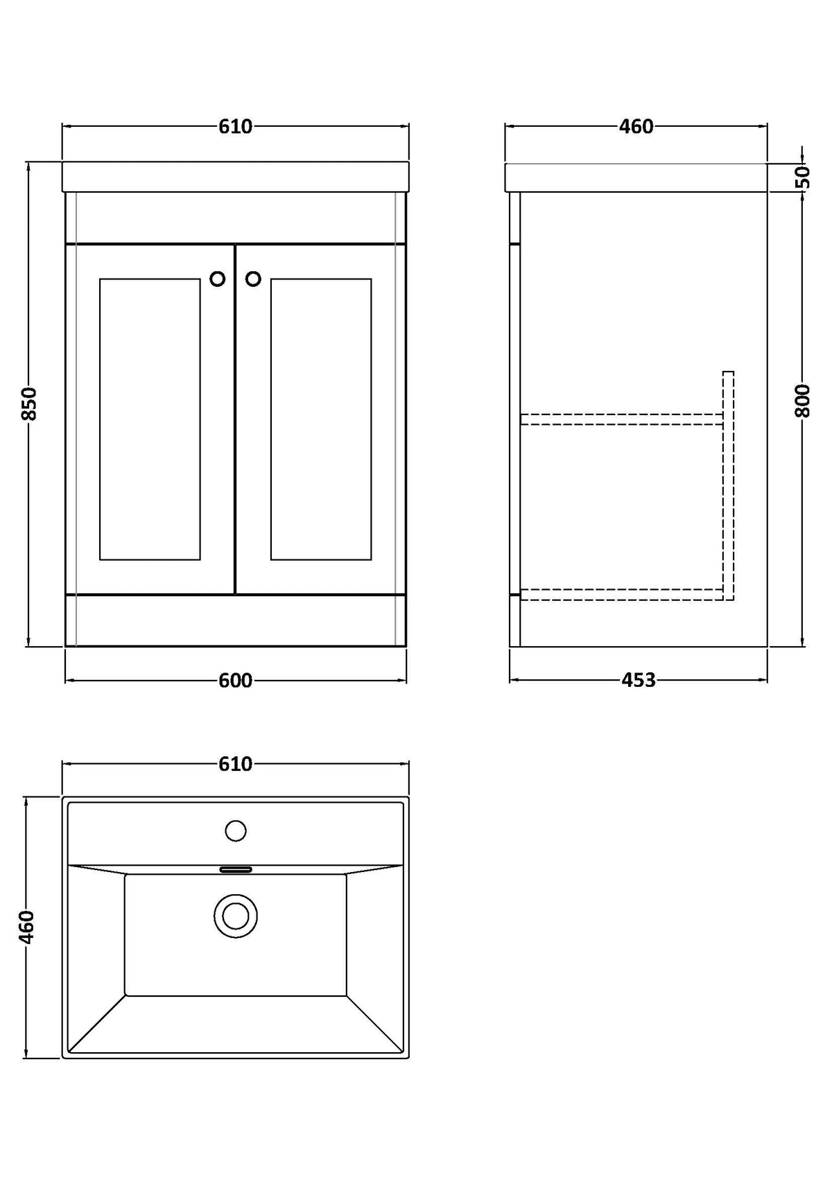 Modern Splash 600mm Soft Black 2 Door Floor Standing Vanity Unit With 1 Tap Hole Thin Edge Basin