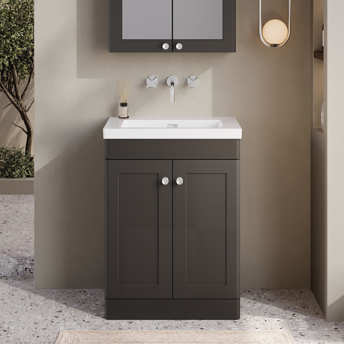 Modern Splash 600mm Soft Black 2 Door Floor Standing Vanity Unit With Fireclay Basin