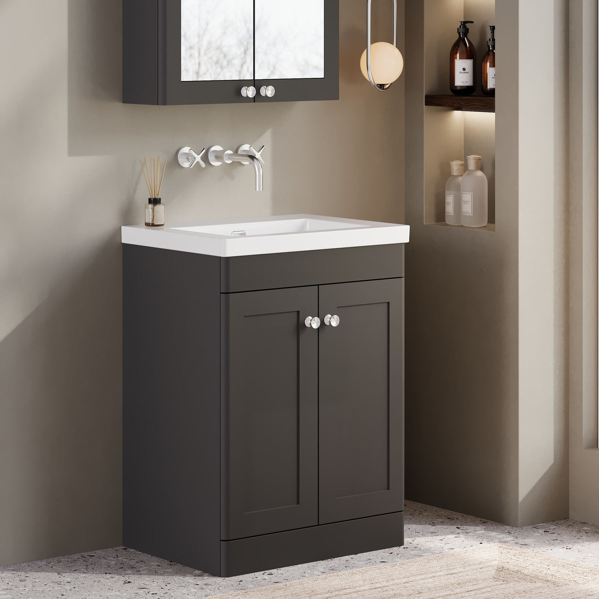 Modern Splash 600mm Soft Black 2 Door Floor Standing Vanity Unit With Fireclay Basin