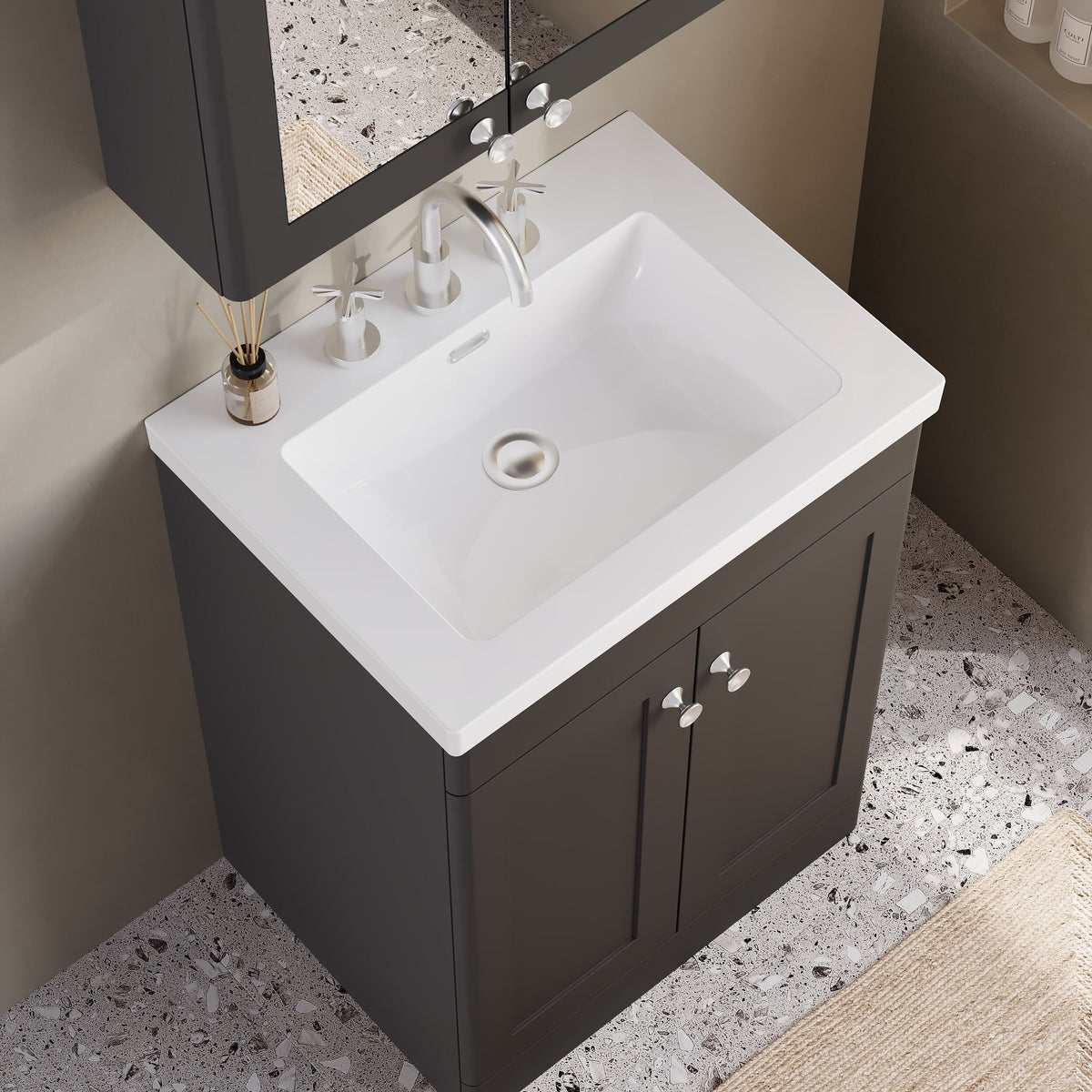 Modern Splash 600mm Soft Black 2 Door Floor Standing Vanity Unit With 3 Tap Hole Fireclay Basin