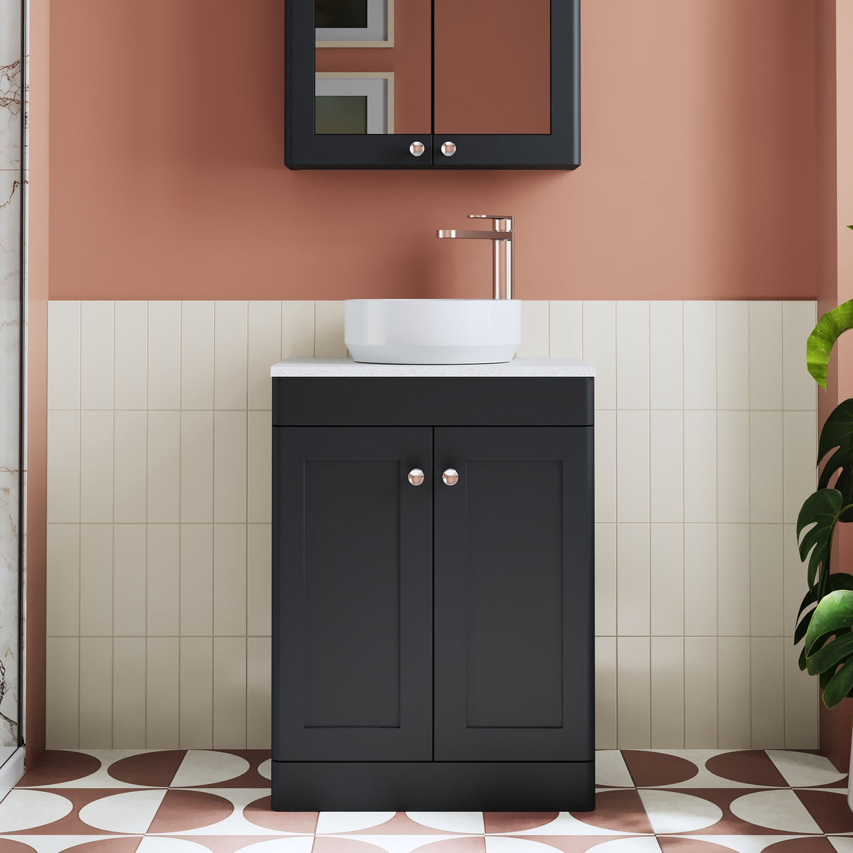 Modern Splash 600mm Soft Black 2 Door Floor Standing Vanity Unit With White Marble Worktop