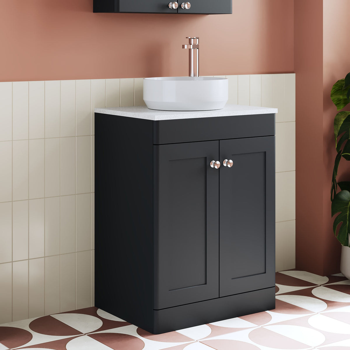 Modern Splash 600mm Soft Black 2 Door Floor Standing Vanity Unit With White Marble Worktop