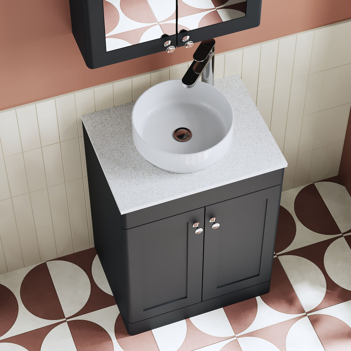 Modern Splash 600mm Soft Black 2 Door Floor Standing Vanity Unit With White Marble Worktop
