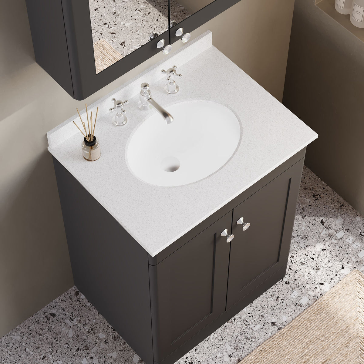 Modern Splash 600mm Soft Black 2 Door Floor Standing Vanity Unit With 3 Tap Hole Marble Basin
