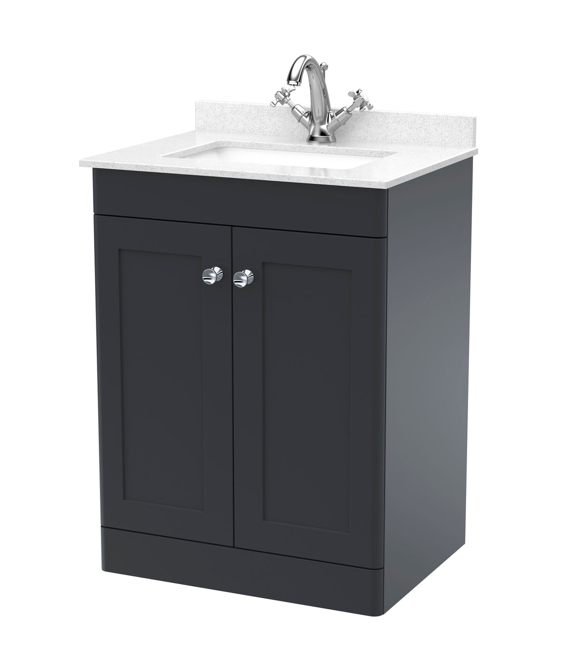Modern Splash 600mm Soft Black 2 Door Floor Standing Vanity Unit With 1 Tap Hole Marble Basin