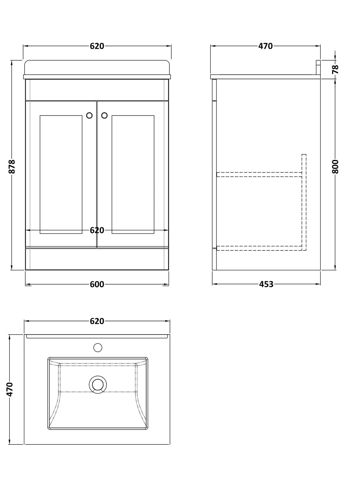 Modern Splash 600mm Soft Black 2 Door Floor Standing Vanity Unit With 1 Tap Hole Marble Basin