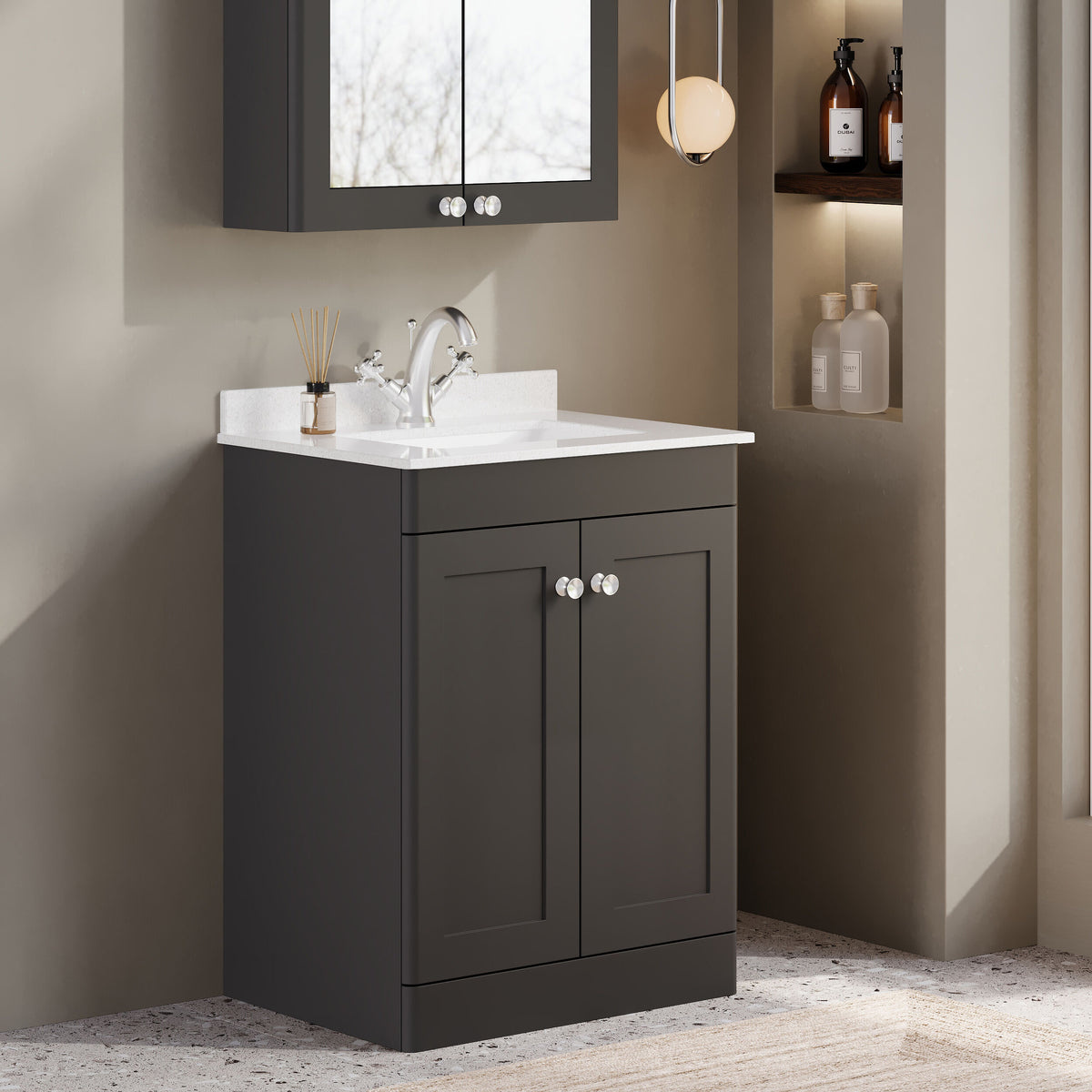 Modern Splash 600mm Soft Black 2 Door Floor Standing Vanity Unit With 1 Tap Hole Marble Basin