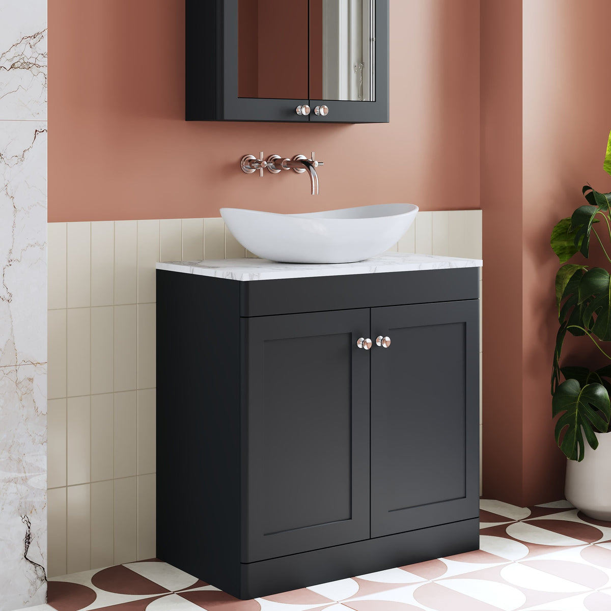 Modern Splash 800mm Soft Black 2 Door Floor Standing Vanity With Carrara Marble Worktop