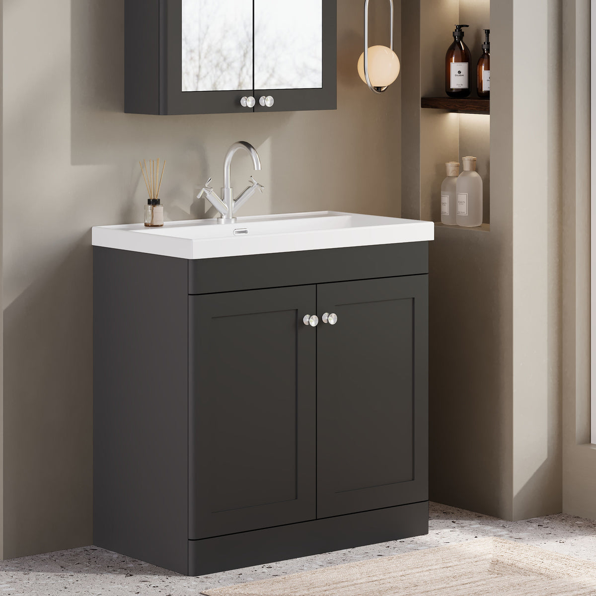Modern Splash 800mm Soft Black 2 Door Floor Standing Vanity Unit With 1 Tap Hole Thin Edge Basin