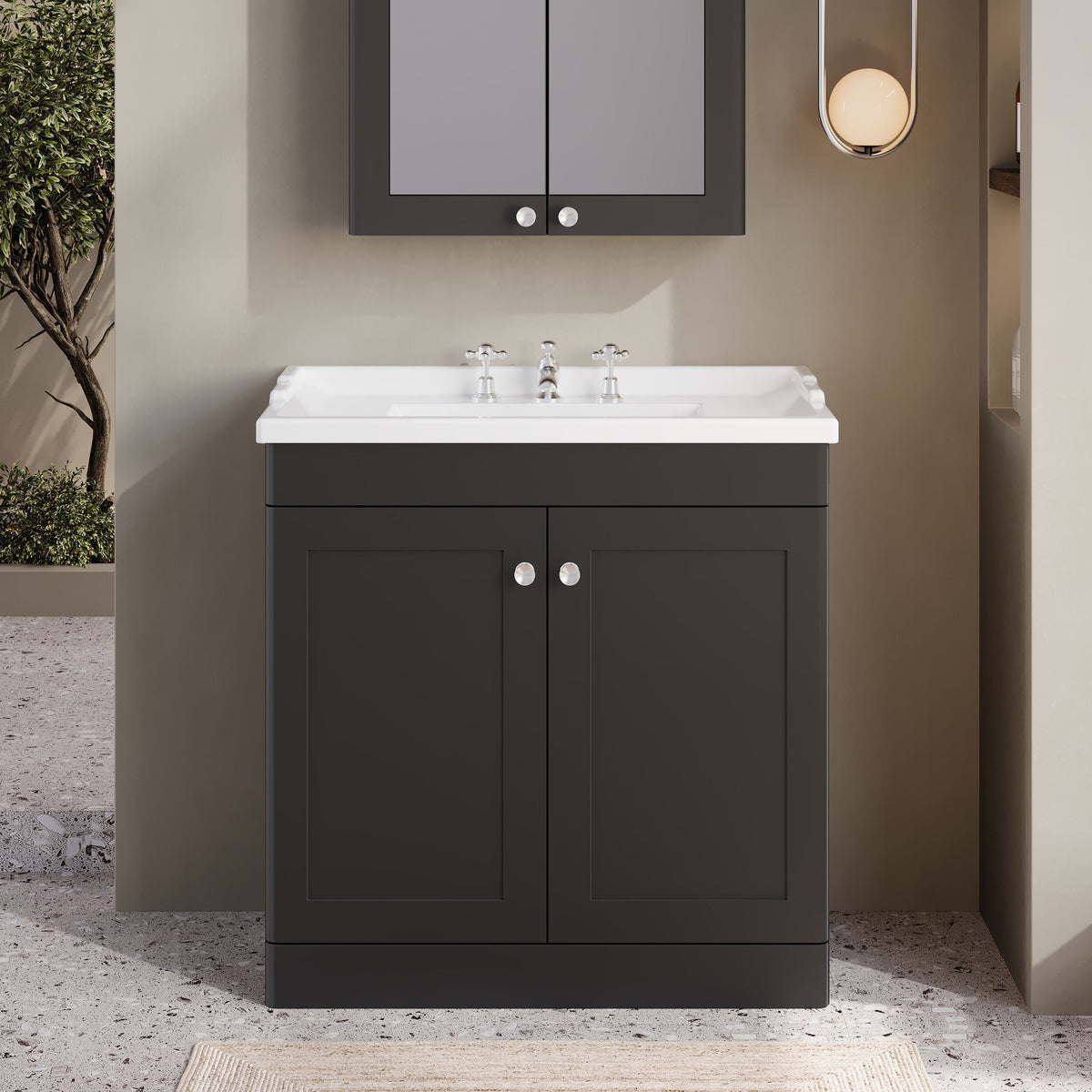 Modern Splash 800mm Soft Black 2 Door Floor Standing Vanity Unit With 3 Tap Hole Basin