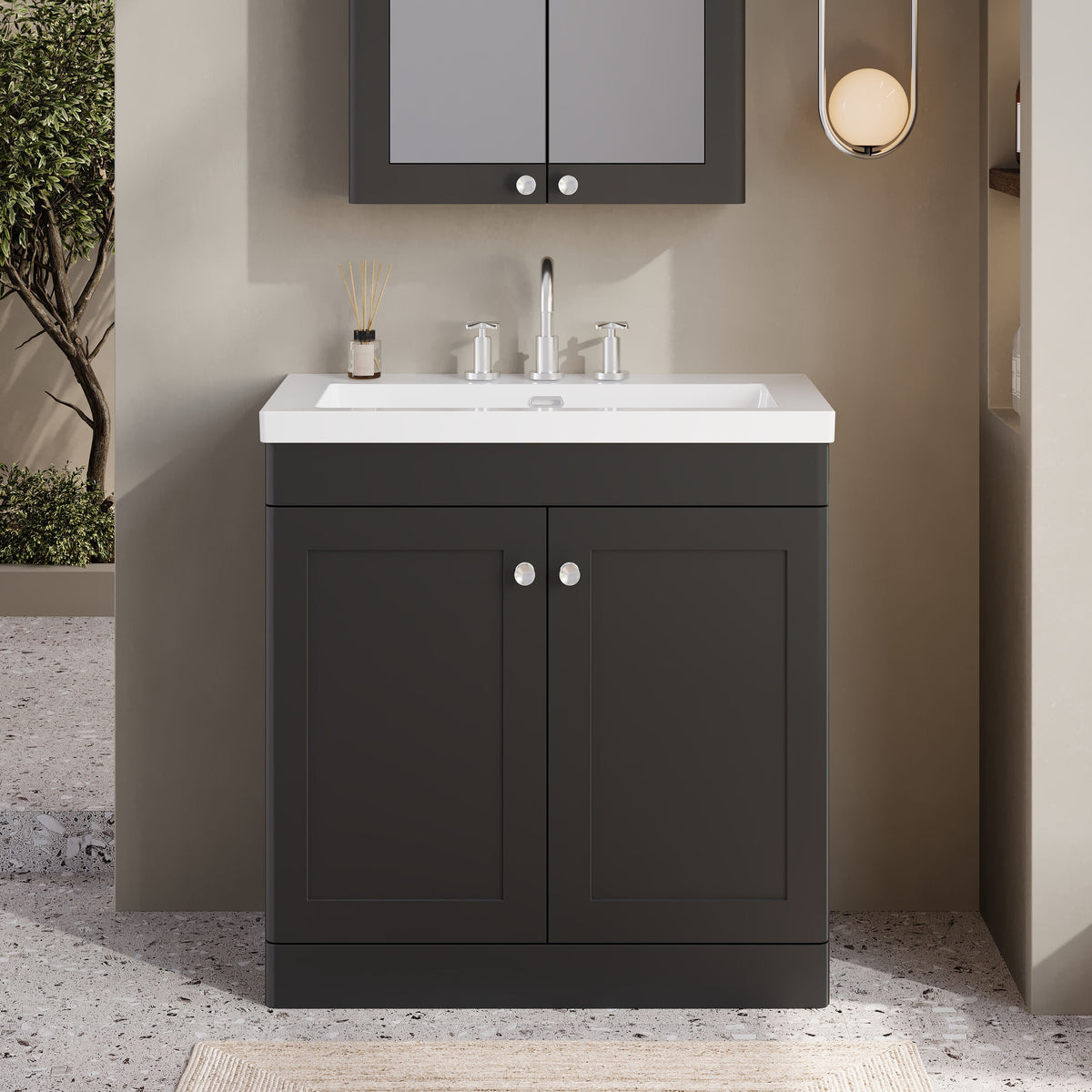 Modern Splash 800mm Soft Black 2 Door Floor Standing Vanity Unit With 3 Tap Hole Fireclay Basin